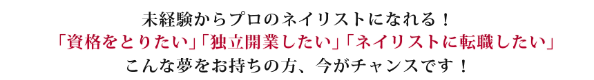 未経験からプロのネイリストになれる! 「資格をとりたい」「独立開業したい」「ネイリストに転職したい」 こんな夢をお持ちの方、今がチャンスです!