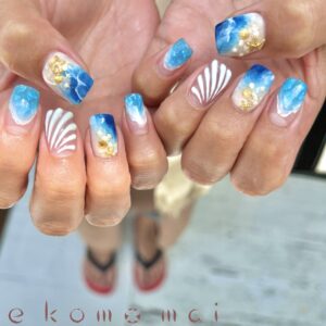 溝ノ口ネイルサロン　ニュアンスネイル　ミラーネイル　夏ネイル　鱗ネイル