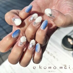 溝ノ口ネイルサロン　ニュアンスネイル　ミラーネイル　夏ネイル　鱗ネイル