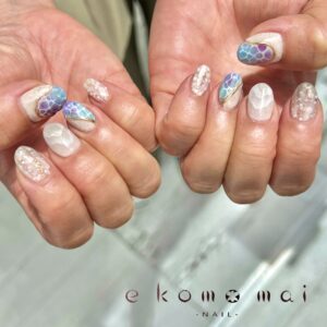 溝ノ口ネイルサロン　ニュアンスネイル　ミラーネイル　夏ネイル　鱗ネイル