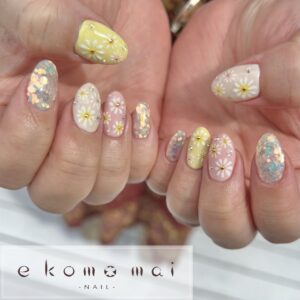 溝ノ口ネイル　フラワーネイル　ニュアンスネイル　春ネイルデザイン　