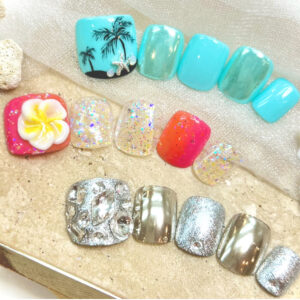 溝ノ口ネイルサロン　フットネイル　ニュアンスネイル　マグネットネイル　ミラーネイル　シェルネイル　 夏ネイル ヤシの木ネイル　プルメリアネイル