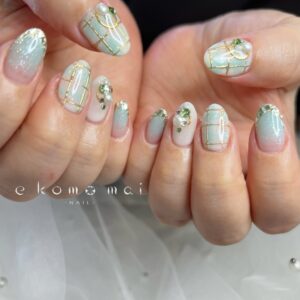 溝ノ口ネイルサロン　ニュアンスネイル　チェックネイル　ミラーネイル　ガラスフレンチネイル　グリーンネイル　春ネイル