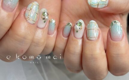 溝ノ口ネイルサロン　ニュアンスネイル　チェックネイル　ミラーネイル　ガラスフレンチネイル　グリーンネイル　春ネイル
