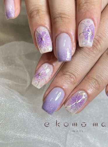 溝ノ口ネイルサロン　ニュアンスネイル　フラワーネイル　パープルネイル　手書きネイル　春ネイル