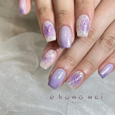 溝ノ口ネイルサロン　ニュアンスネイル　フラワーネイル　パープルネイル　手書きネイル　春ネイル