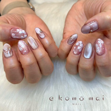 溝ノ口ネイルサロン　ニュアンスネイル　手書きネイル　桜ネイル　マグネットネイル　春ネイル