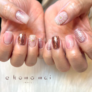 溝ノ口ネイルサロン　ニュアンスネイル　フラワーネイル　ミラーネイル　ぷっくりネイル　ちぐはぐネイル　春ネイル