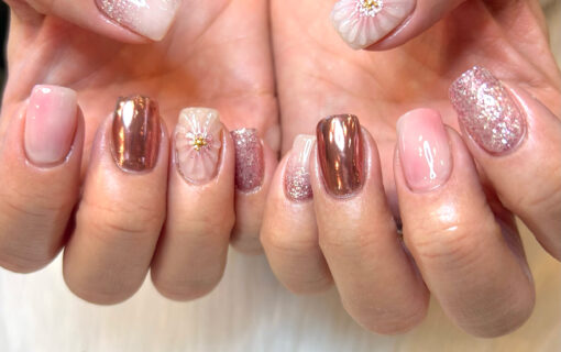 溝ノ口ネイルサロン　ニュアンスネイル　フラワーネイル　ミラーネイル　ぷっくりネイル　ちぐはぐネイル　春ネイル