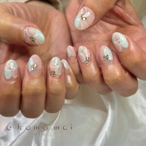 ニュアンスネイル　春ネイル　パステルネイル　手書きネイル　ブライダルネイル