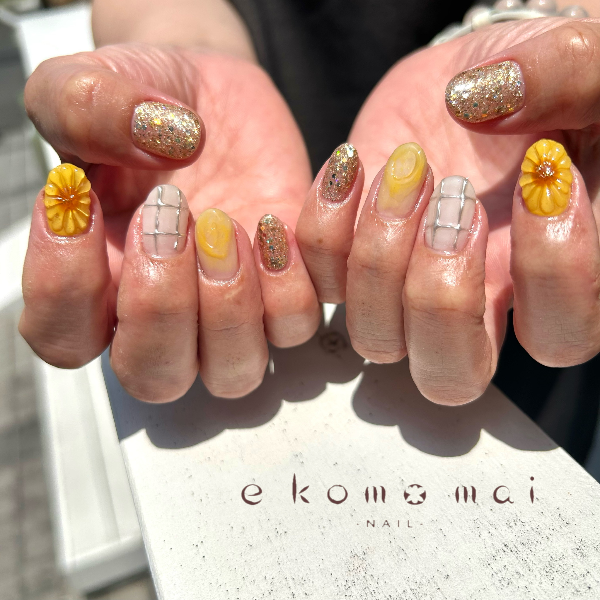 溝ノ口ネイルサロン パラジェル フィルイン ネイル マグネットネイル オフィスネイル シンプルネイル 夏ネイル ひまわりネイル