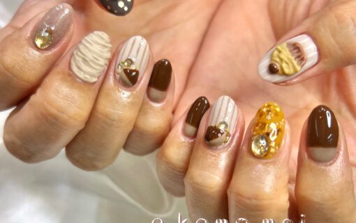 溝ノ口ネイルサロン　パラジェル　フィルイン　ネイル　 秋ネイル フレンチネイル 秋ネイル　スイーツネイル　カップケーキネイル　栗ネイル　アートネイル　立体ネイル　手書きネイル