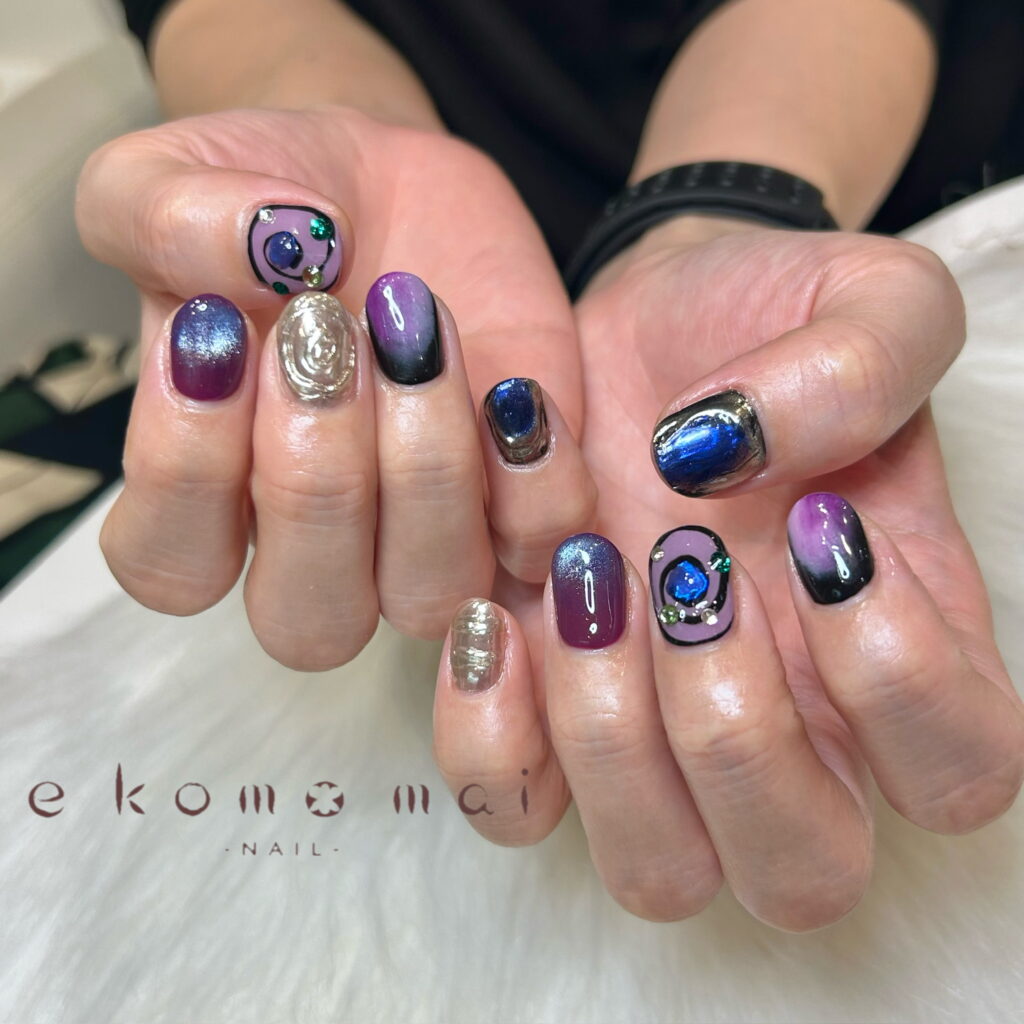 溝ノ口ネイルサロン パラジェル フィルイン ネイル マグネットネイル オフィスネイル シンプルネイル  夏ネイル マグネットネイル パープルミラーネイル