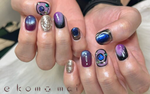 溝ノ口ネイルサロン　パラジェル　フィルイン　ネイル　マグネットネイル　オフィスネイル　シンプルネイル　 夏ネイル　マグネットネイル パープルミラーネイル